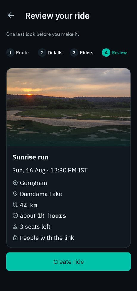 Create a ride — reviewing it before publishing: Gurugram to Damdama Lake, 42 km, 3 seats left