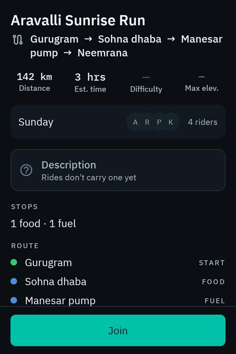 Ride details — route, stops, riders, and a Join button